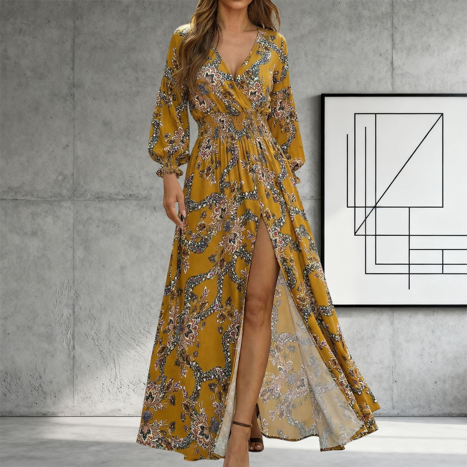 Women's Boho Floral Print V-Neck Maxi Dress Long Sleeve Smocked Waist High Slit Flowy Beach Dress