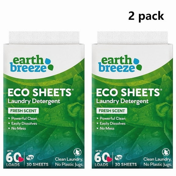 2pack Earth Breeze Laundry Detergent Sheets Fresh Scent - 60 Loads No Plastic Jug Concentrated Laundry Detergent 30 Sheets