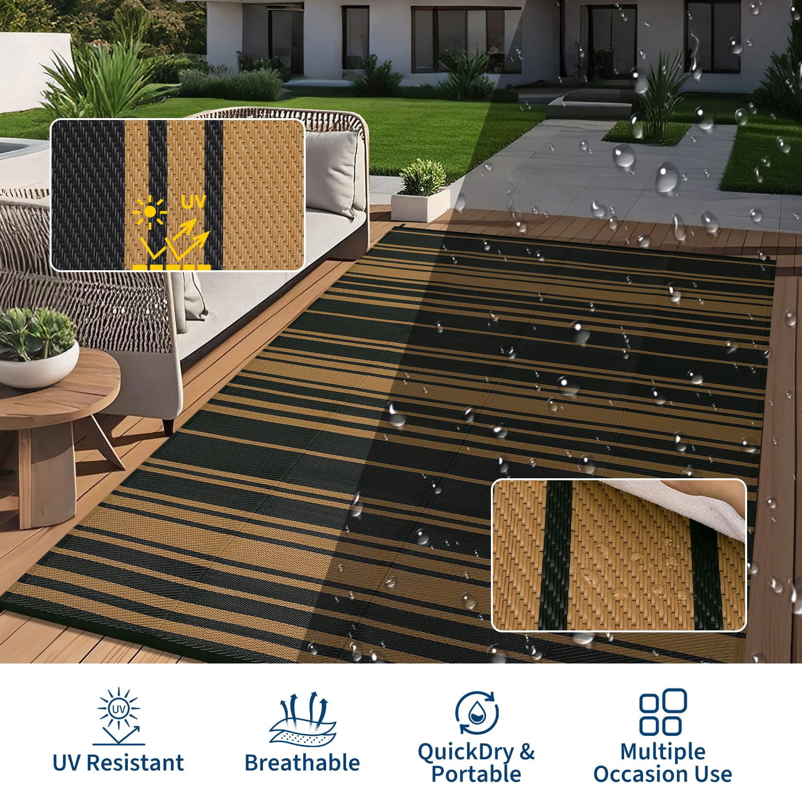 Danolapsi Outdoor Rug Mat for Patio,8x10 Plastic Straw Rug,Waterproof Plastic Straw Mats,Modern Striped Outdoor Camping Rugs for Patio,RV,Porch, Deck,Backyard,Balcony,Camping,Trailer