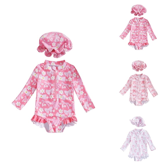 Girls Swimwear Girls Bathing Suits Girls Swimwear for Little Ladies Baby Girl Swimsuit with Long Sleeve Romper Hat Bathing Suit Rash Guard Beachwear for Kids
