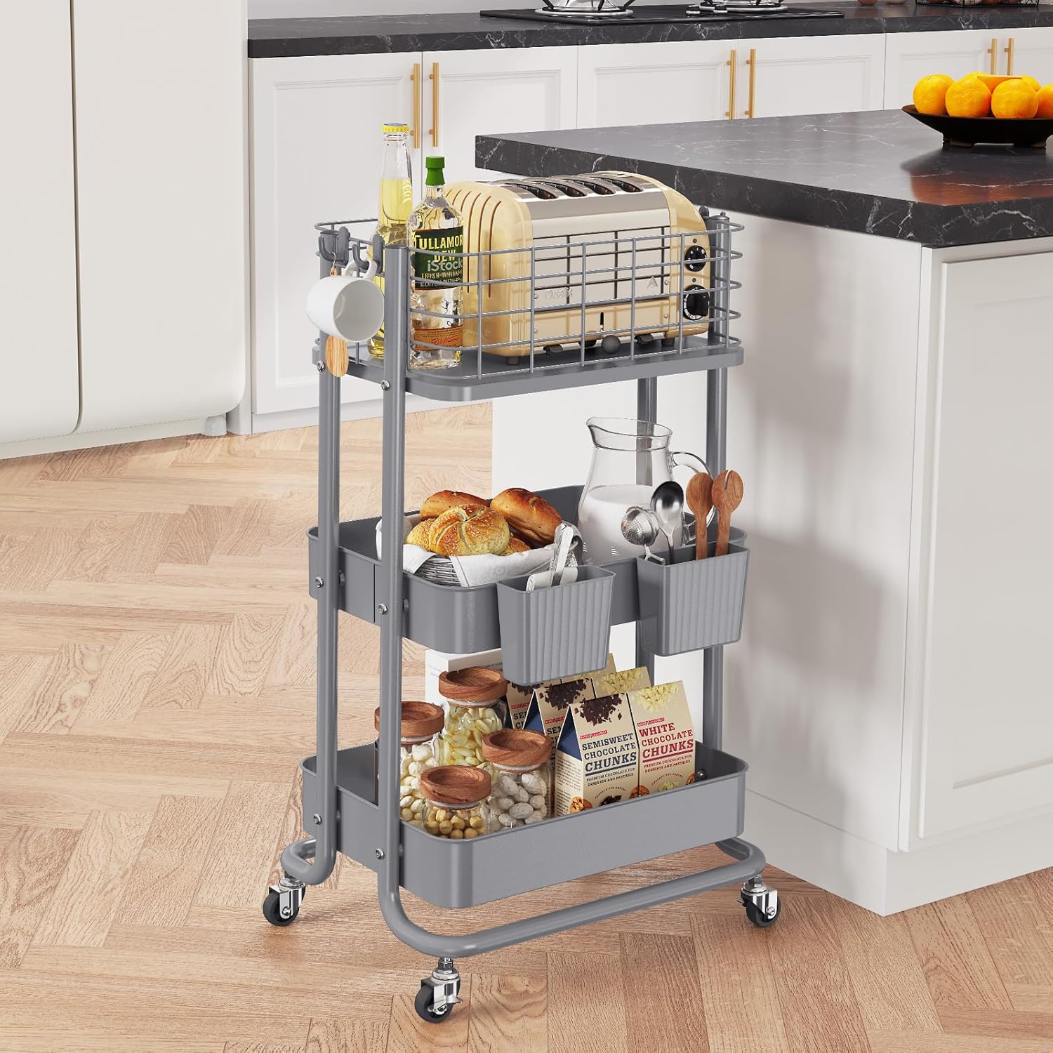 3 Tier Utility Cart, Metal Rolling Cart Organizer, Storage Cart on Wheels, Book Cart, Diaper Cart for Bathroom, Kitchen, Office, Bedroom, Gray