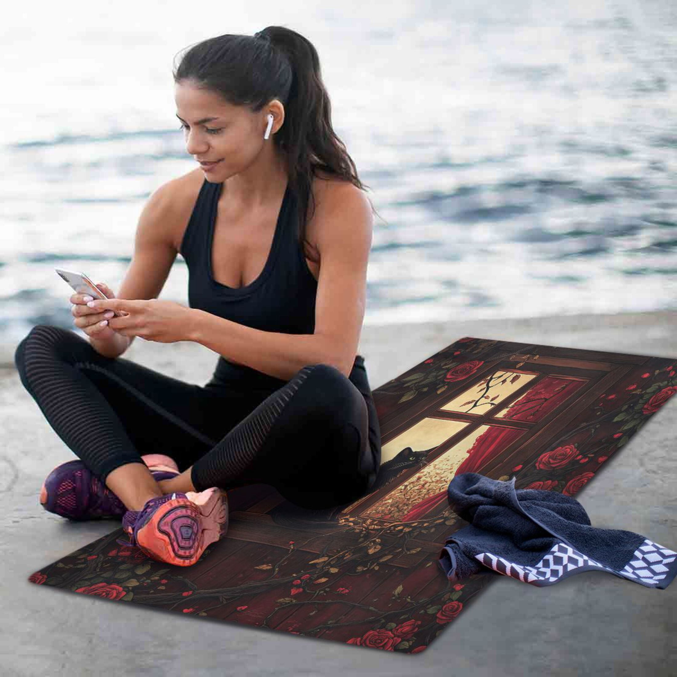 BZSMCE Yoga Mat Women Cat Gazing at Roses Fitness Mat