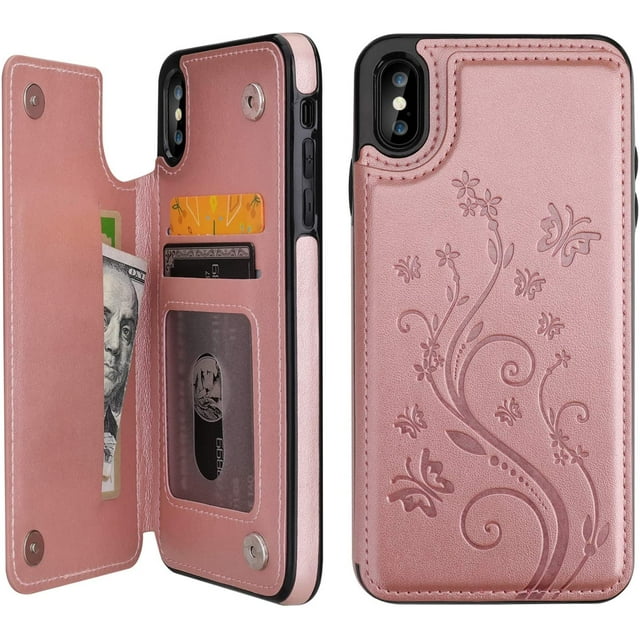 Compatible pour iPhone 11 Pro Étui Portefeuille avec Porte-Cartes, Cuir PU Gaufré Papillon Premium à Double Boutons Magnétiques, Étui de Protection Antichoc à Rabat pour iPhone