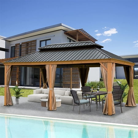 12'X18' Hardtop Gazebo, Wooden Coated Aluminum Frame Canopy with Galvanized Steel Double Roof, Outdoor Permanent Metal Pavilion with Curtains and Netting for Patio, Deck and Lawn(Wood-Looking)