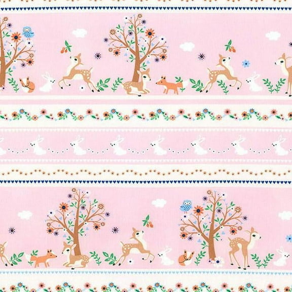 Timeless Treasures Storybook Forest Pink Woodland Stripe 100% Cotton Fabric sold by the yard