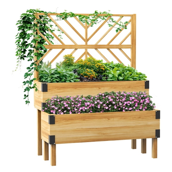 Elevated Wooden Planter Box with Trellis, 2-Tier Garden Bed for Vegetables, Herbs, and Flowers, Sturdy Legs and Metal Corners