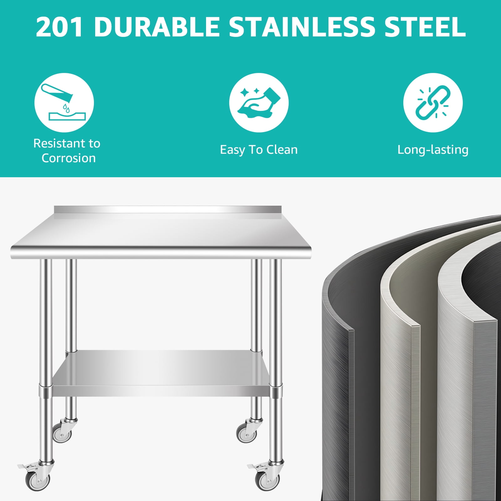 PRIJESSE 36 x 30 Inch With baffle Stainless Steel Table w/ Undershelf, Casters, Commercial Kitchen Work & Prep Table
