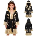 thumbnail image 5 of Haitryli Kids Boys Boxer Themed Outfit Boxing Training Outfit Satin Metallic Hooded Boxing Robes Cloak with Belt Black Gold 14, 5 of 6