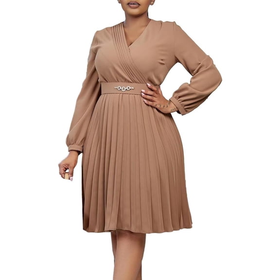 Women's Plus Size Chiffon Long Sleeve Elastic Waist A-Line Knee Length Wedding Guest Dresses Pleated Long Dress