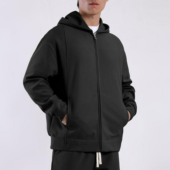 dzxyzu Men's Waffle Jacket Coat Full Zip Hooded Sweatshirt Jacket for Men Pocket Long Sleeve Hoodies Casual Outwear Tops 2024 Winter Saving