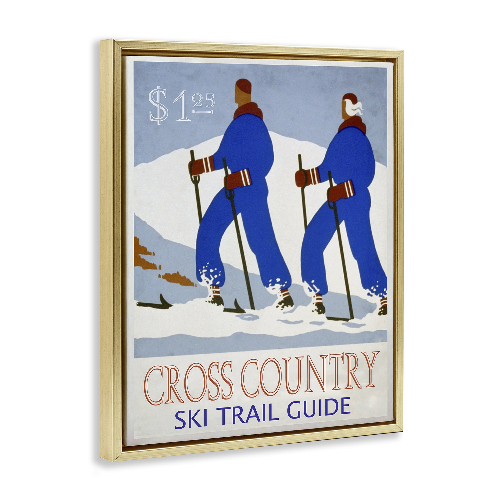 Stupell Industries Vintage Cross Country Ski Sports Painting Gold Floater Framed Canvas Art Prints Wall Art, 25 x 31