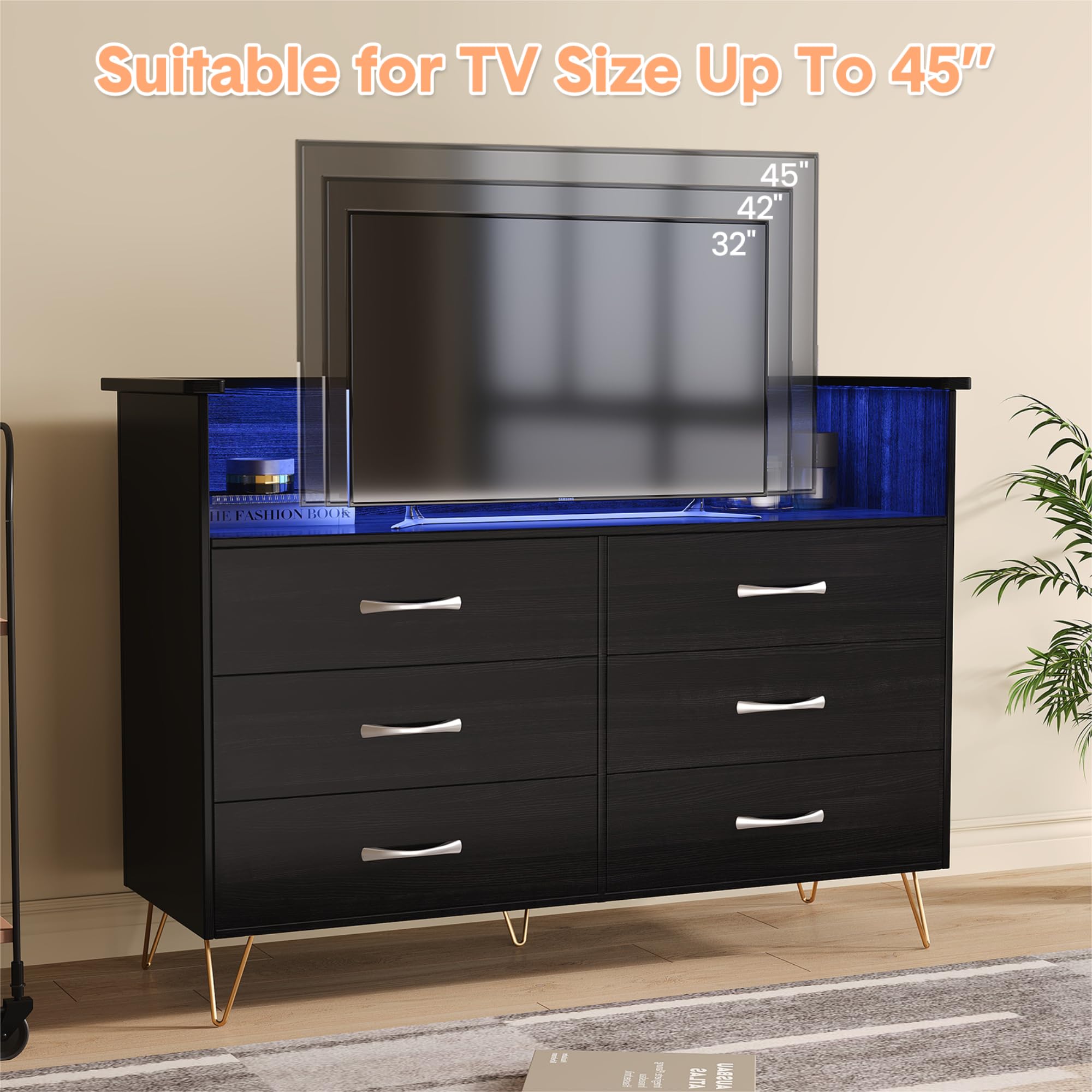 6 Drawer Black Dresser with LED Lights and Charging Station,Modern Wood Dressers for Bedroom & Living Room