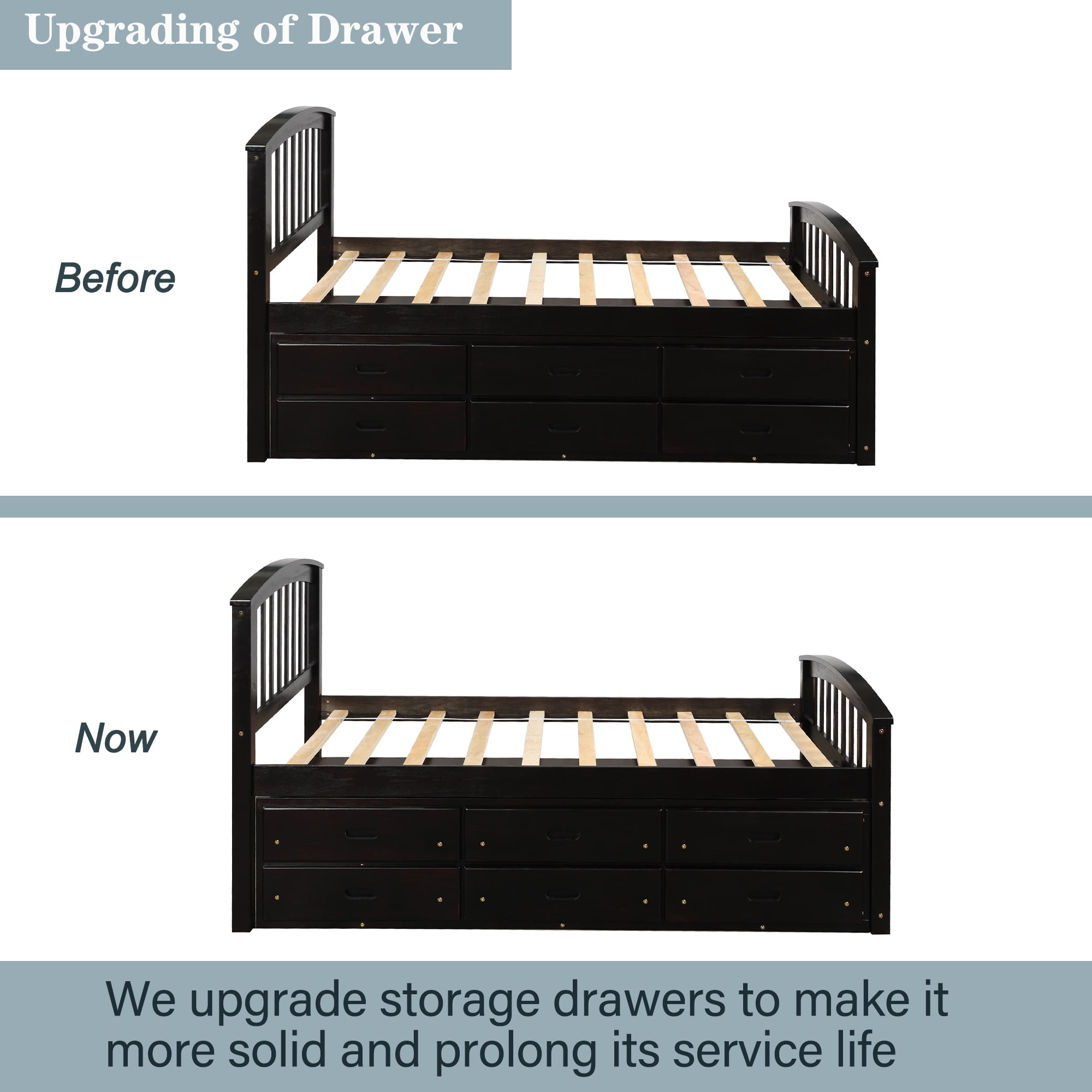 Aukfa 6 Drawers Platform Storage Bed, Solid Wood Captain Bed, Twin Size - Espresso