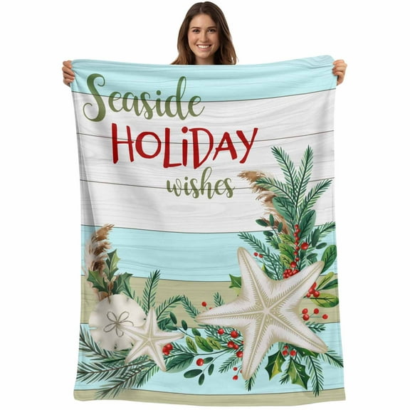 Teal Coastal Christmas Throw Blankets, Starfish Holly Pine Needles Soft Fleece Blanket Decorative for Home Sofa Couch Chair Living Bedroom, 30x40 Inches,