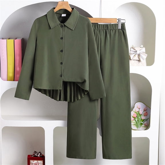ZHOGXU Big Kids Girls Outfits Back Pleated Long Sleeve Lapel Solid Color Buttons Shirt And Wide Leg Pants Fashion Comfortable Two Piece Set For Daily Wear Green 7-8 Years