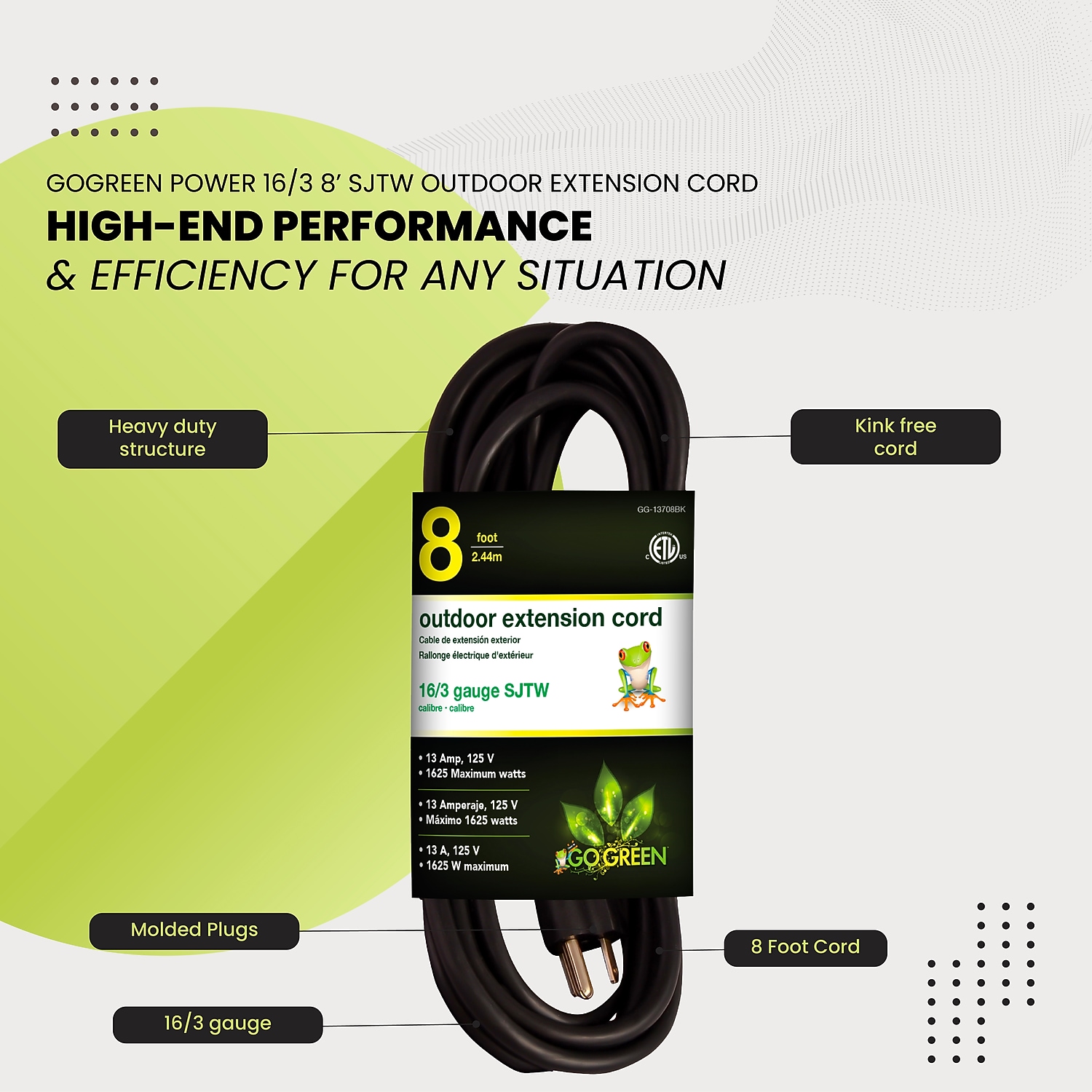 Go Green Power Power 16/3 8' Heavy Duty Extension Cord Black GG-13708BK
