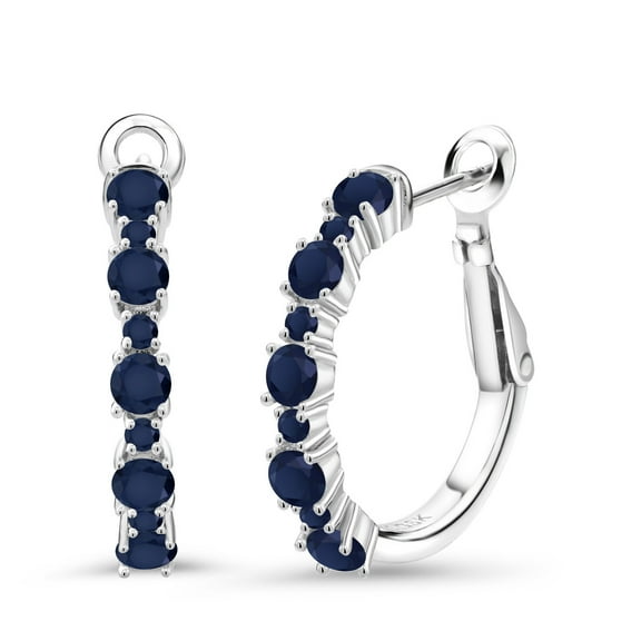 Gem Stone King 925 Sterling Silver Women Hoop Earrings Blue Sapphire (1.65 Cttw, Round Cut, 3/7 inch Diameter)