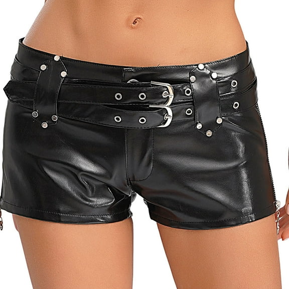 Jowowha Women's Faux Leather Low Waist Skinny Shorts Wide Straight Leg Mini Shorts Raves Party Bottoms Black XL