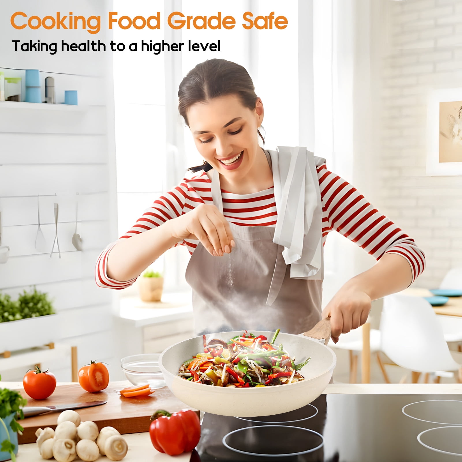 Ceramic Nonstick Pots and Pans Set, 14Pcs Healthy Non Stick Cookware Set with Pots Protectors, Induction Kitchen Cookware Sets White