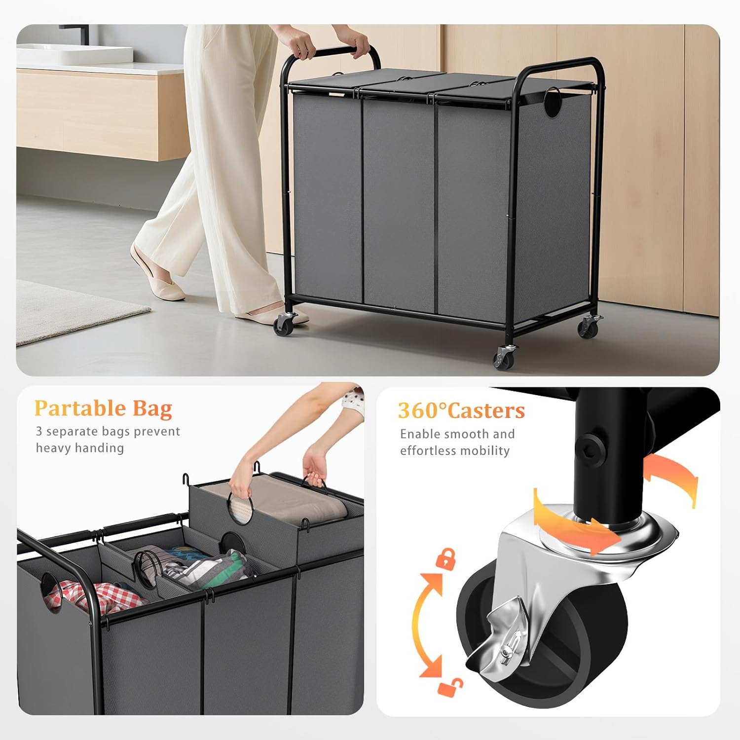 180L (47.55 Gal) Laundry Sorter 3 Section, Rolling Laundry Basket with Lockable Wheels and Lid, Laundry Hamper with 3 Separated Removable Bags Dirty Clothes Hamper for Laundry Room Organizer, Grey