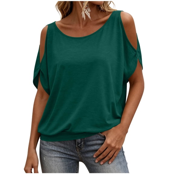 jjayotai Women Cold Shoulder Tops Summer Short Sleeve Shirt Scoop Neck Tee Casual Loose Fitted Solid Color Tunic Top