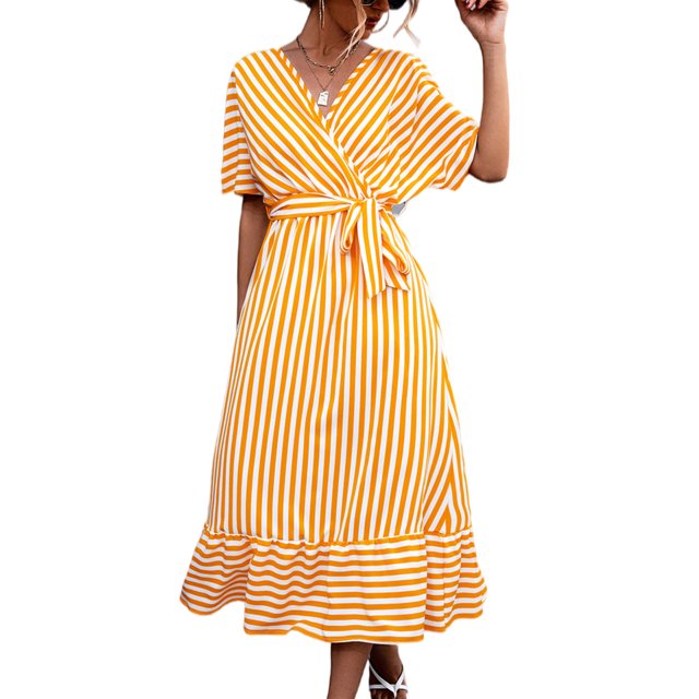 Innerwin Robe Longue Col en V Femme Midi Été Manches Courtes Bohème Robe d'Été Jaune S