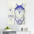 thumbnail image 1 of Alaskan Malamute Tapestry, Cartoon Style Smart Puppy with Glasses Photo Camera and Bee Smile Doodle, Fabric Wall Hanging Decor for Bedroom Living Room Dorm, 5 Sizes, Blue White, by Ambesonne, 1 of 1