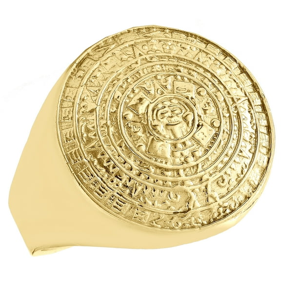 10K Yellow Gold Textured Aztec Calendar Statement Fancy Pinky Ring 20mm Band