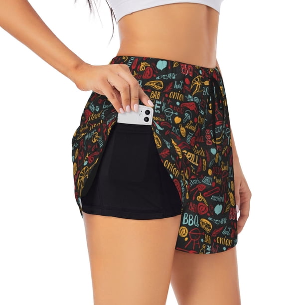 Balery BBQ Barbecue Grill Pantalones cortos deportivos para mujer con forro y dos bolsillos, elásticos, para entrenamiento, gimnasio, yoga-Small