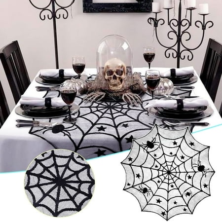 

Halloween Tablecloth Table Cover Round Black Spider-Web Lace Tablecloth For Halloween Kitchen Party Decor