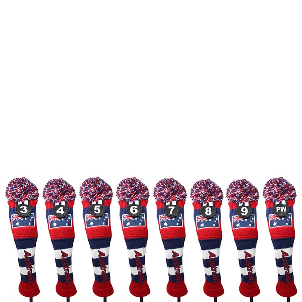 Majek Golf Australia 3 4 5 6 7 8 9 PW Hybrid Set Headcovers Pom Pom Knit Limited Edition Vintage Classic Traditional Flag Retro Head Cover 3-PW Set