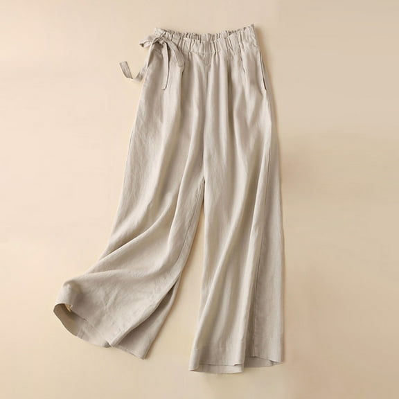 Babysbule Womens Plus Size Pants Women's Spring Summer Solid Color Leisure Retro Drawstring Side Frenulum High Waist Broad Leg Pants