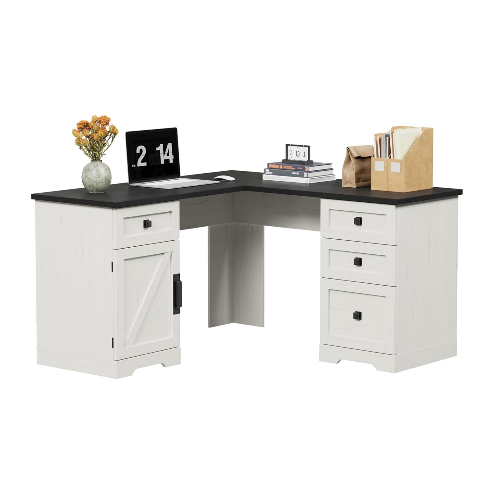 Farmhouse 60" Executive L Shaped Desk, Home Office Desk with File Drawers and Storage Cabinet, Corner Computer Desk with Adjustable Side Storage Cabinet