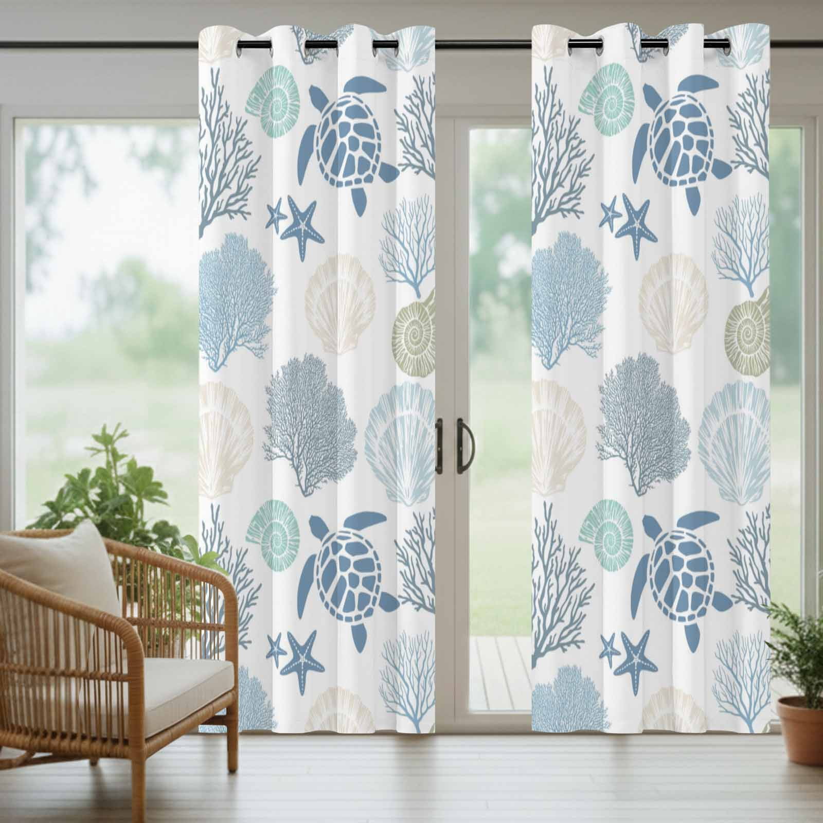 Summer Marine Life Outdoor Curtains for Patio, Graffiti Sea Turtle Starfish Teal Conch Coral Sunshade Privacy Drapes Grommet Waterproof Outside Curtains for Porch/Cabana/Balcony 54"x 108", 1 Panel