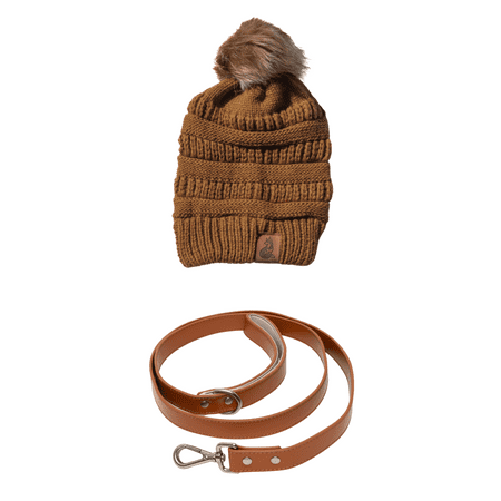 Brown Knit Hat with Pom & Vegan Leather Dog Leash Matching Set