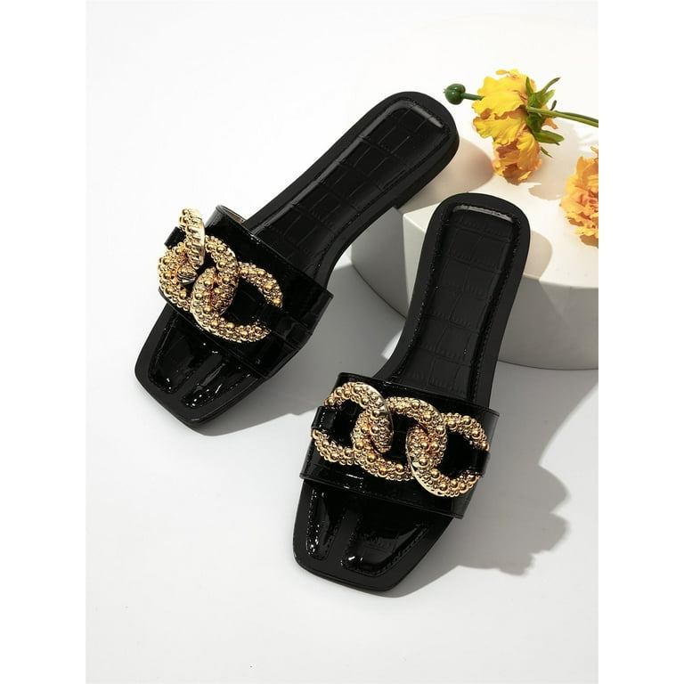 Women's Embossed Open Toe Flat Slide Sandals Casual Summer Fashion Walking  Slippers Shoes Black EUR39(8) 