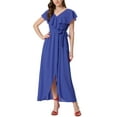 thumbnail image 1 of Unique Bargains Robe Portefeuille pour Femmes Manches Courtes à Volants Col en V Robes Maxi Décontractées Bleu S, 1 of 5
