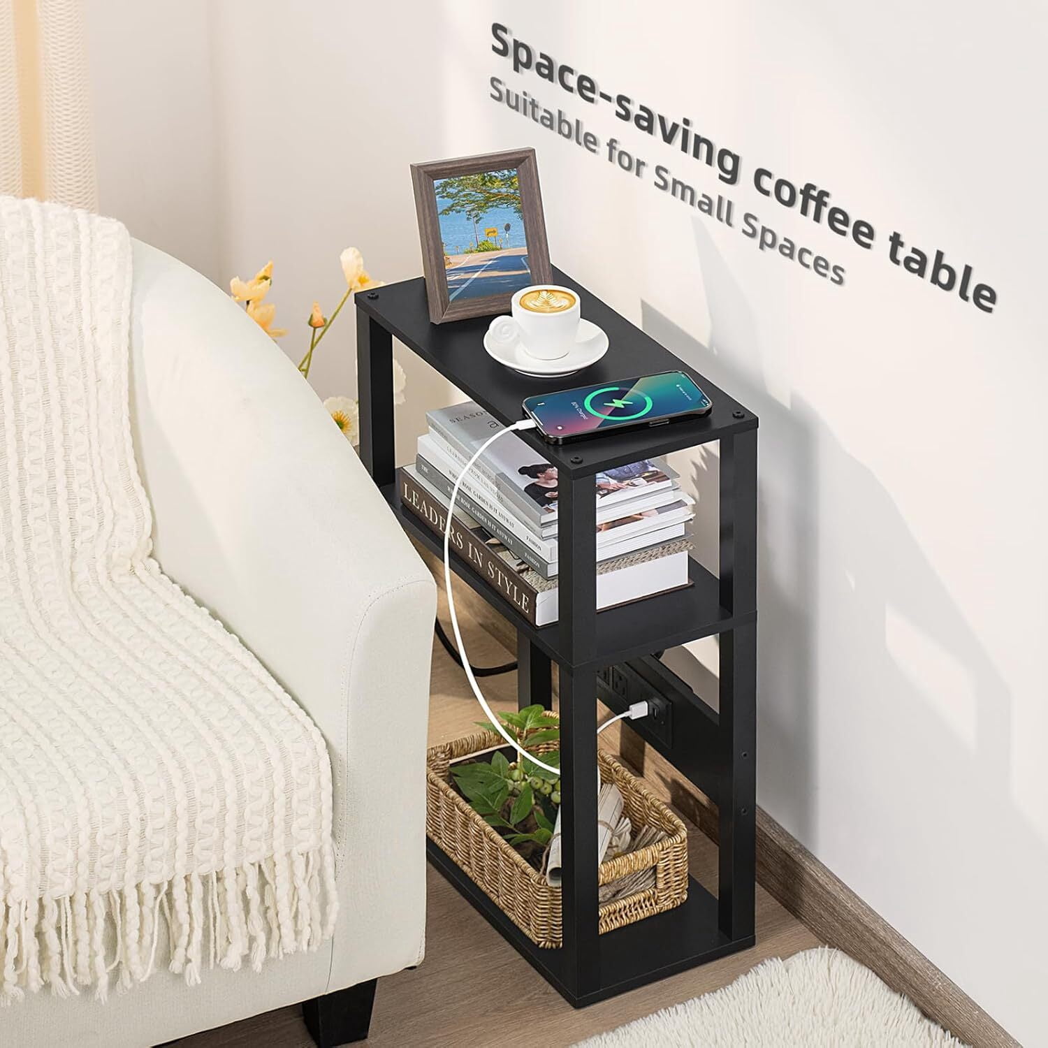 Joaxswe End Table w/ Charging Station Set of 2, Narrow Side Table for Living Room, Black