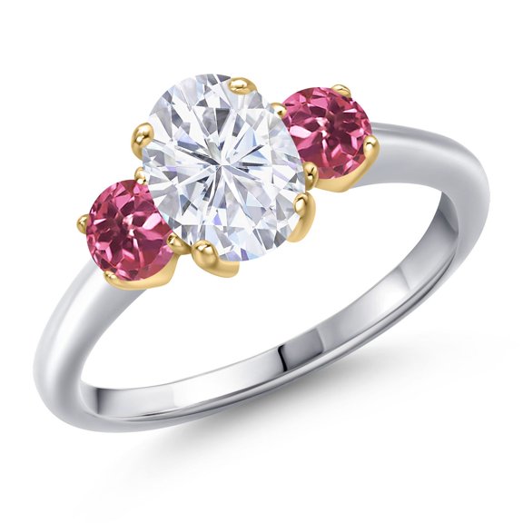 Gem Stone King 10K Two Tone Gold White Moissanite and Pink Tourmaline Engagement Ring for Women | 2.00 Cttw | Oval 8X6MM | Gemstone Birthstone | Size 9