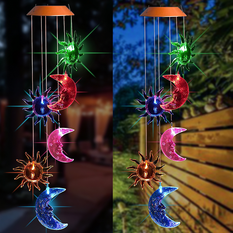 Solar LED Sun Moon Wind Chimes Light Outdoor Color Changing Hanging Lamp Decor 