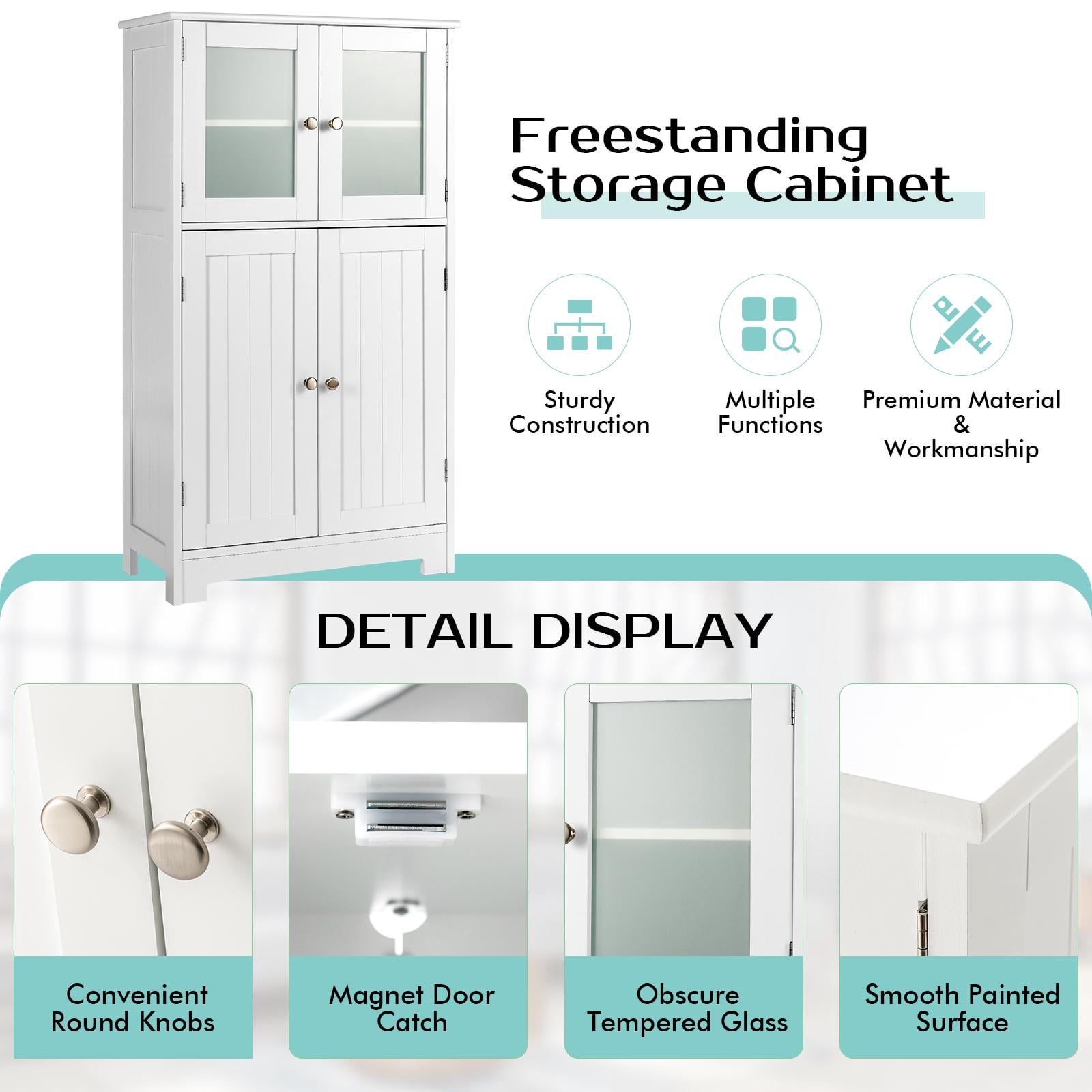 Giantex Bathroom Storage Cabinet w/Adjustable Shelf, Freestanding Wooden Floor Anti-toppling Device, Pantry Tempered Glass Doors for Kitchen Dining Room & Livingroom