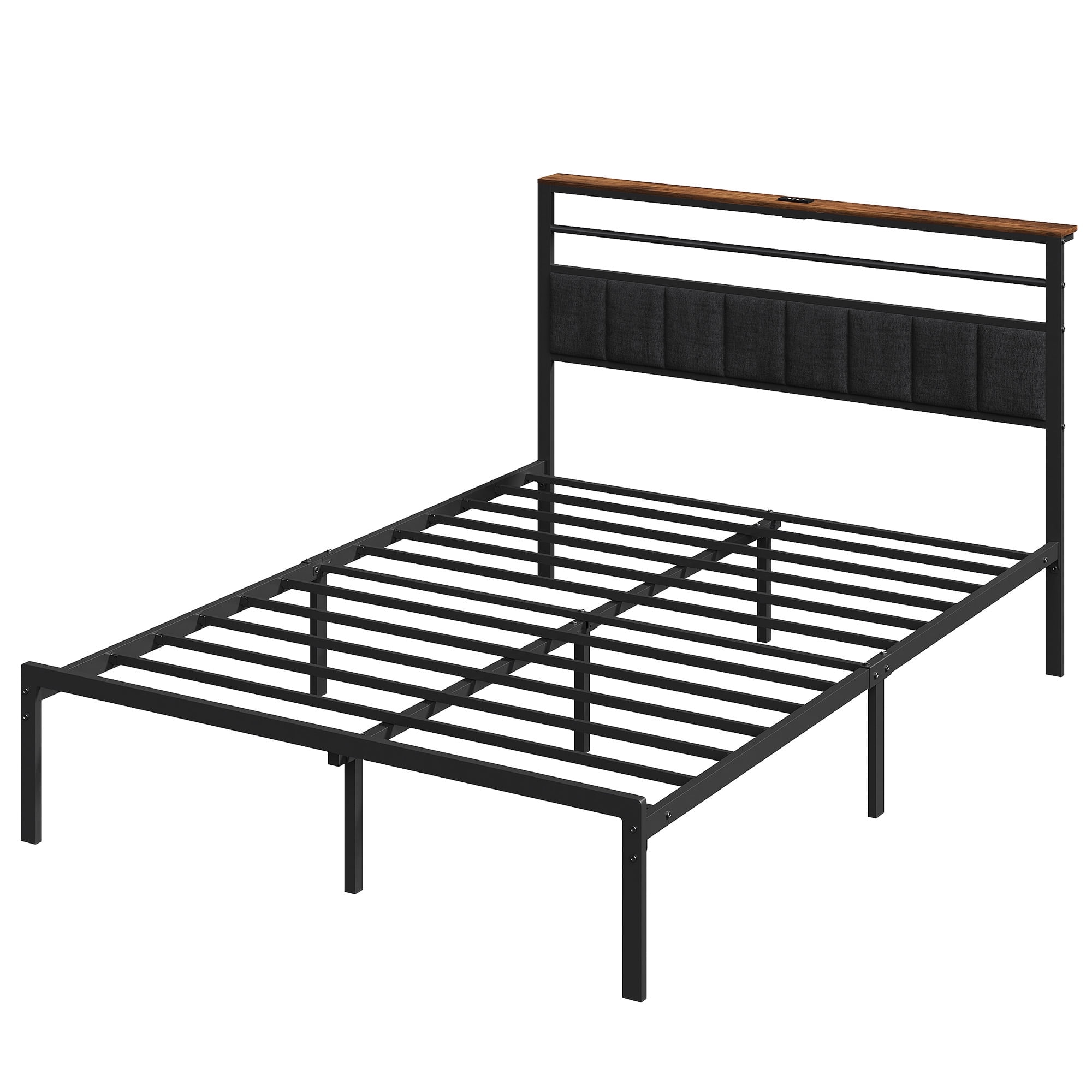 Heynemo Queen Bed Frame with Upholstered Headboard, Metal Platform Bed with USB Charging Station, Easy Assembly, No Box Spring Needed
