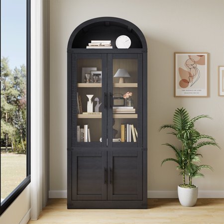 Arched Door Bookcase Modern 6-Tier Bookshelf with Doors & Storage Farmhouse Style Wooden Display Cabinet for Living Room Kitchen or Office Organization