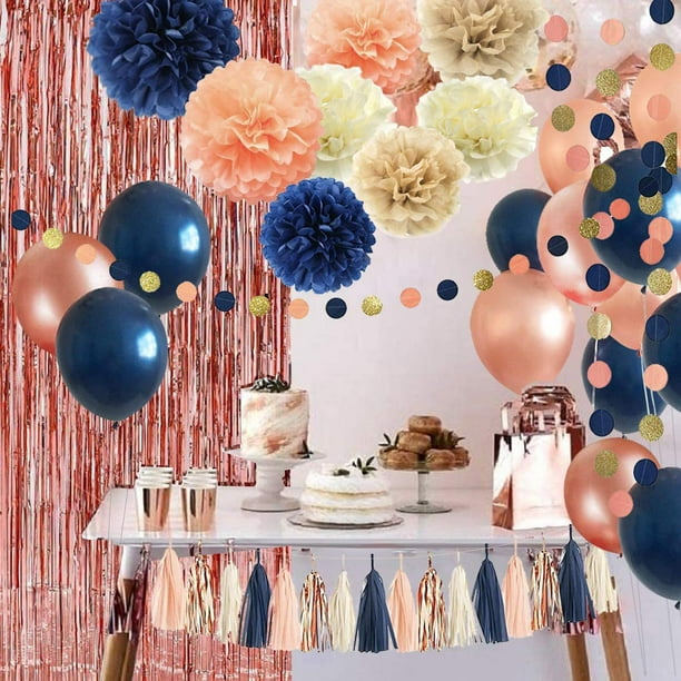 Juego de 32 decoración de fiesta de oro rosa azul marino, globos de oro rosa azul marino, cortinas, flores de papel, flecos y guirnaldas, despedida de soltera, revelación de género, graduación, decor JAMW Sencillez