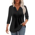 thumbnail image 2 of Tittly Shirts for Women Long Sleeve Shirts for Women 3/4 Sleeve Blouses For Women Casual V Neck Summer Tops For Women With Leggings Pleated Curved Tunic Tshirts Shirts Workout Shirts Black L, 2 of 5