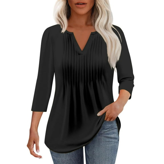 Yigetop Womens Tops! 3/4 Sleeve Blouses for Women Casual V Neck Summer Tops for Women with Leggings Pleated Curved Tunic 3/4 Sleeve Tops for Women Black L