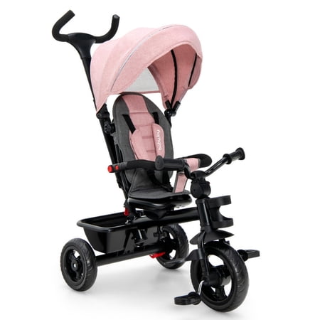 Redsmile 4-in-1 Baby Tricycle for 1.5-5 Years, Toddler Trike with Push Handle & Convertible Reversible Seat, Kids Tricycle with Canopy, 3-Point Harness & Storage Basket for Toddlers, Pink