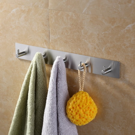 Adhesive Coat Hook - KES Bathroom Self Adhesive Coat and Robe Hook Rack/Rail with 5 Hooks Brushed Finish, SUS304 Stainless Steel, A7060H5