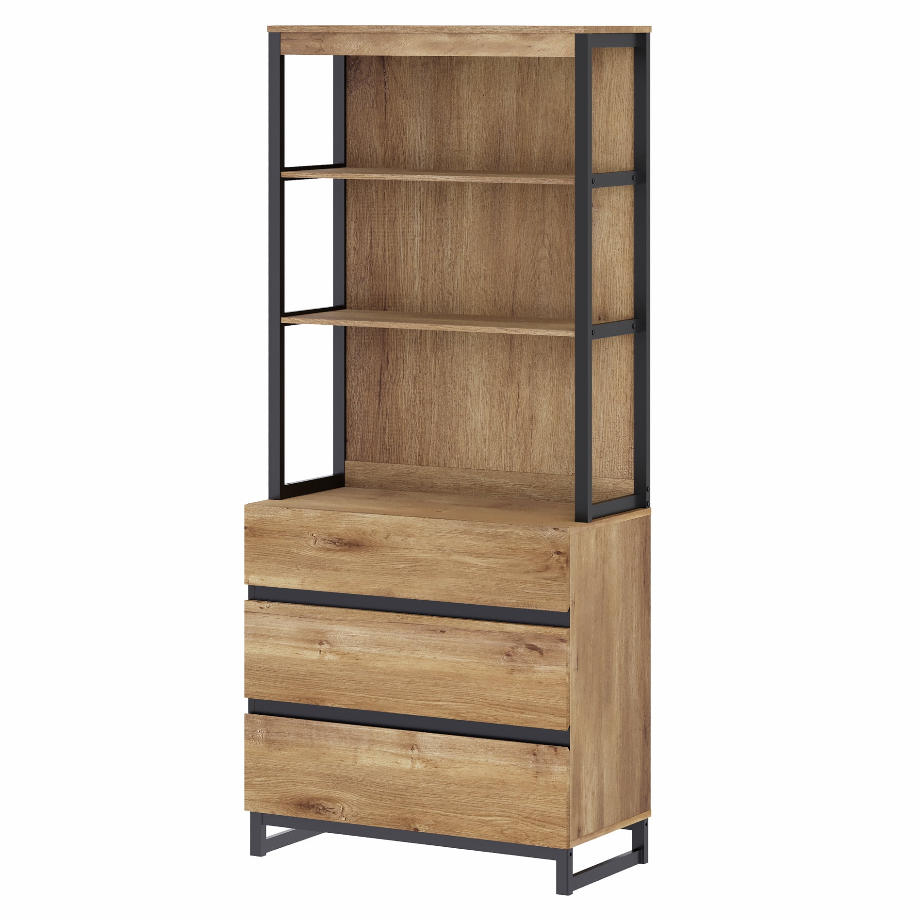 WAMPAT Modern 72" Tall Library Bookcase with 3 Drawers & Open Shelves, Wood Freestanding Bookcase with Storage Cabinet for Home Office & Living Room, Oak