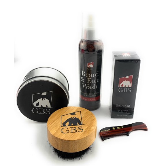 GBS Round Beard Brush with Synthetic, Nylon Bristles and Travel Tin, with GBS Sandalwood Beard Wash, Beard Oil, and GBS Mustache Comb
